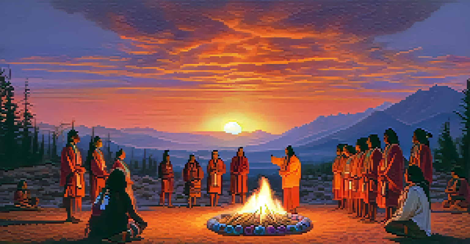 A vibrant sunset scene depicting a traditional Native American peyote ceremony with participants around a ceremonial fire.