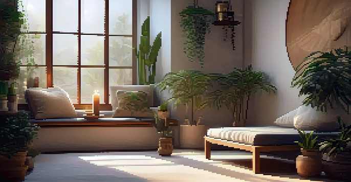 A cozy meditation corner with plants and cushions, illuminated by soft candlelight, creating a peaceful environment.