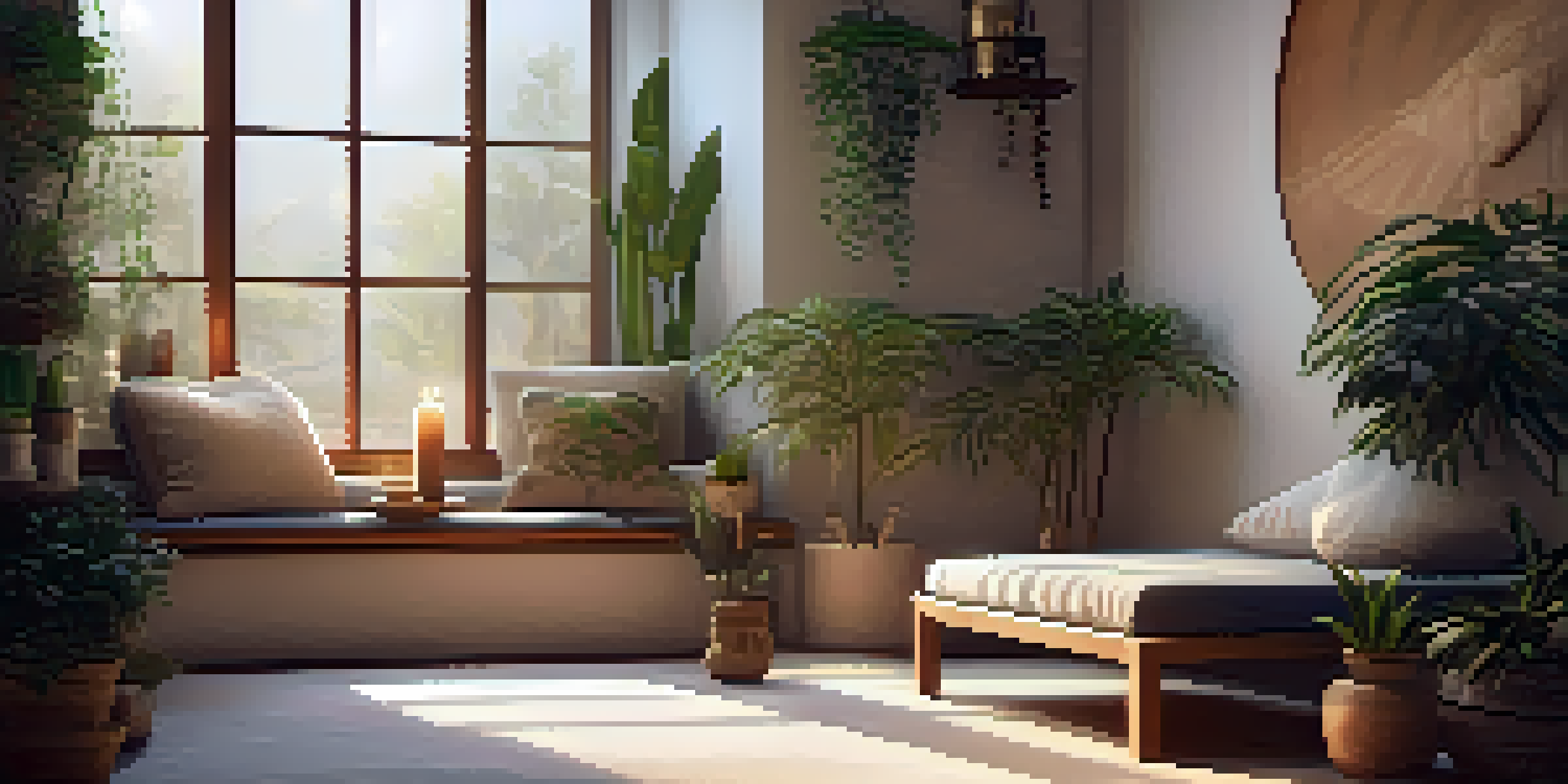 A cozy meditation corner with plants and cushions, illuminated by soft candlelight, creating a peaceful environment.