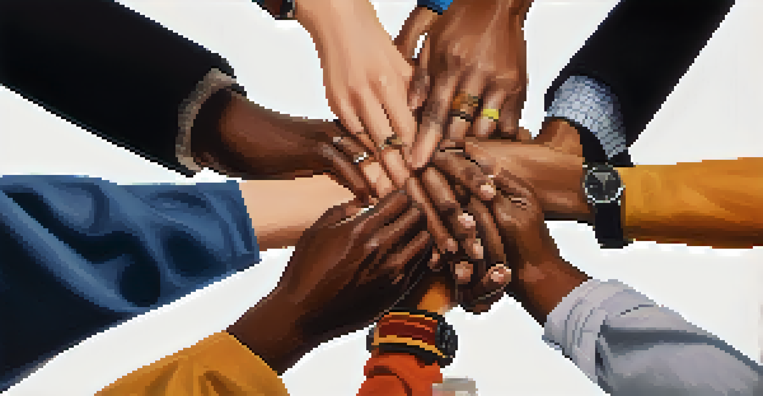 Diverse hands joined in a circle, symbolizing teamwork, with a blurred background of creative ideas on a whiteboard.