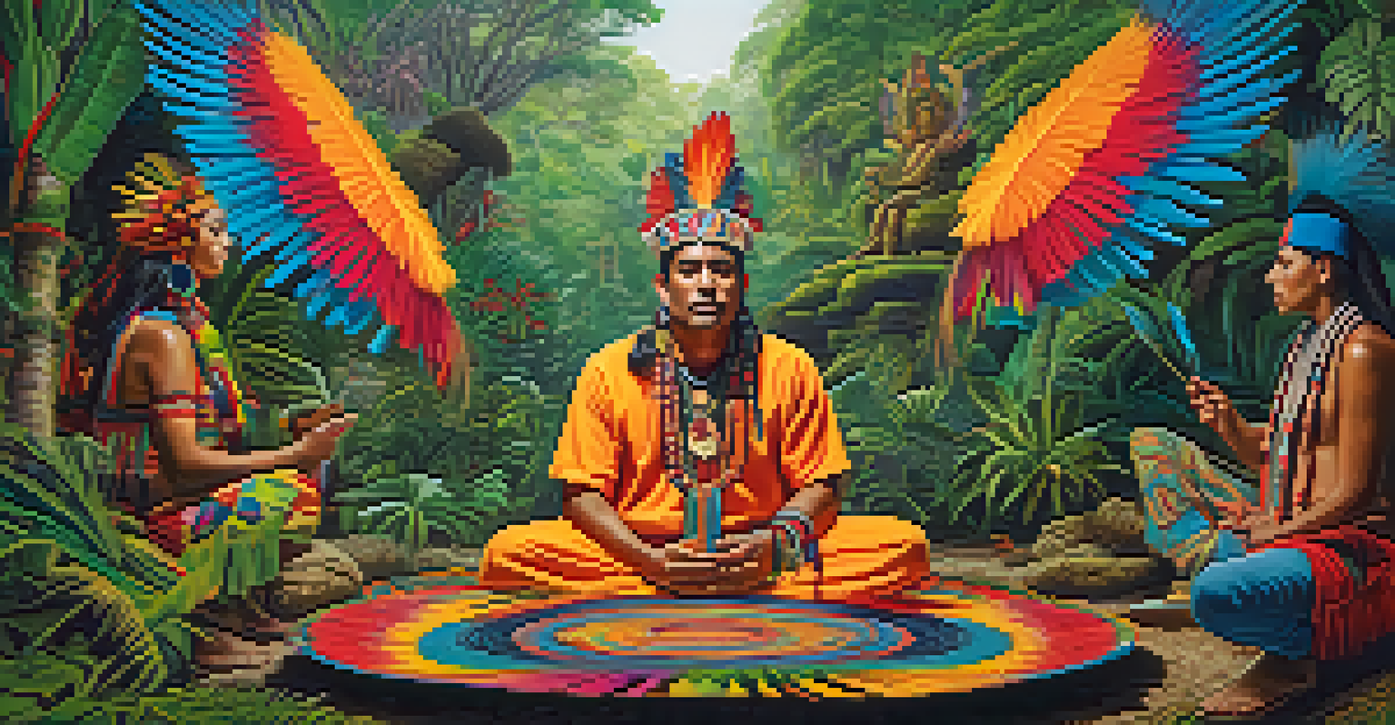 A Mesoamerican shaman in traditional attire surrounded by psychedelic mushrooms and vibrant colors.