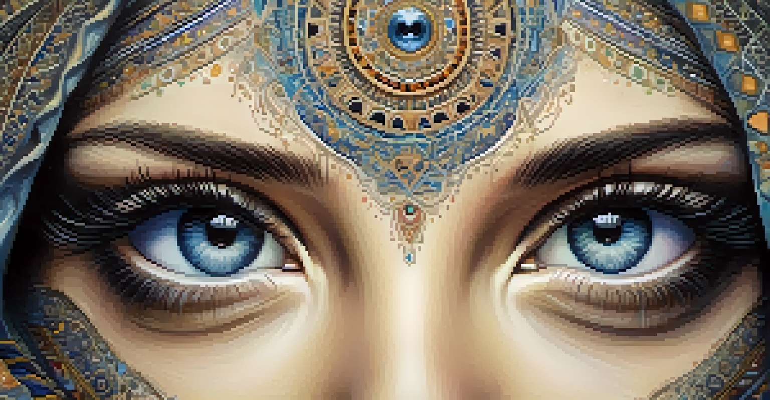 Close-up of eyes reflecting a starry cosmos, surrounded by mandalas and floral patterns.