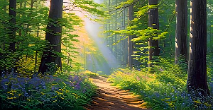 A tranquil forest scene illuminated by warm morning sunlight, featuring tall trees and colorful wildflowers along a winding path.