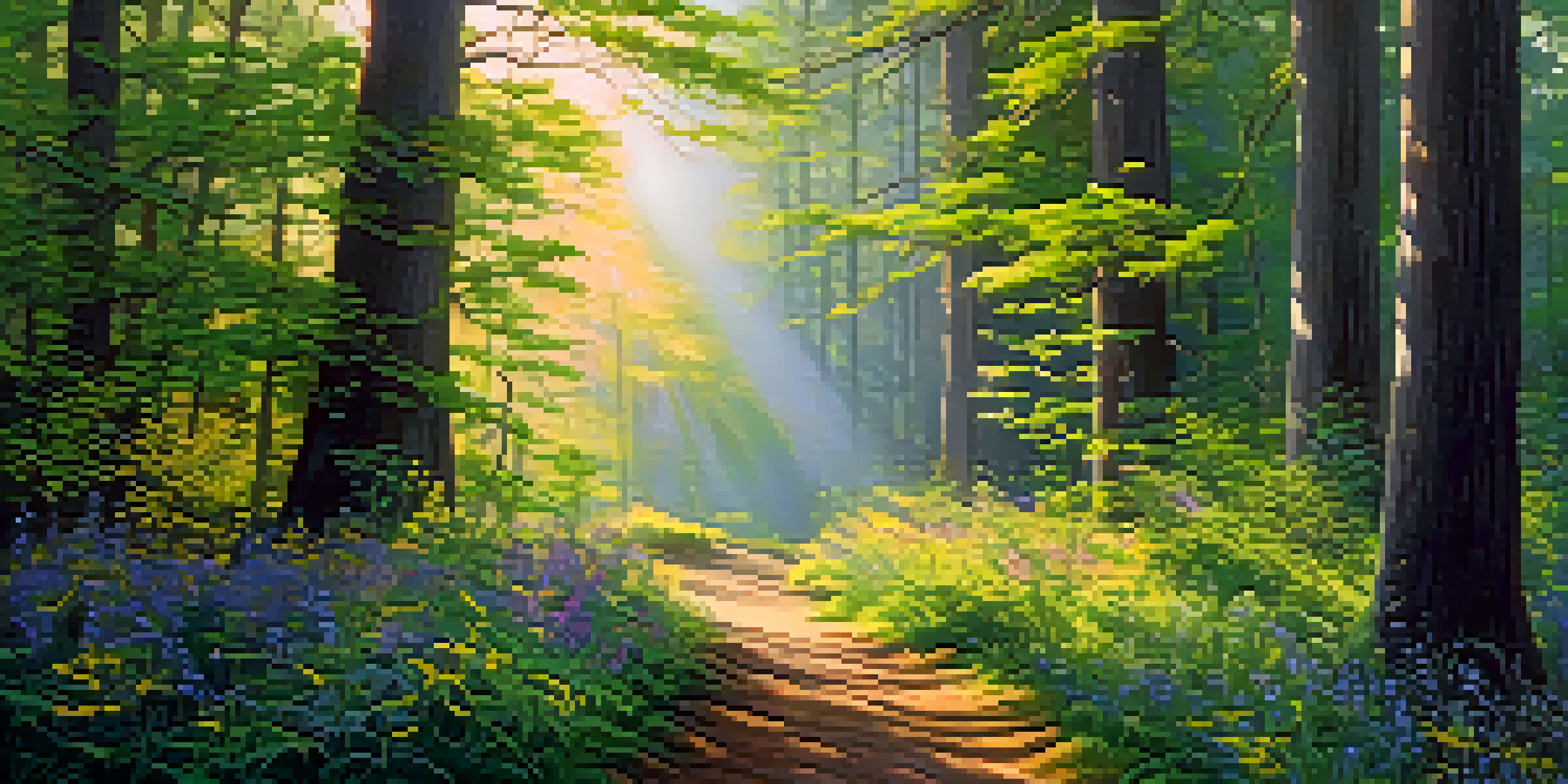 A tranquil forest scene illuminated by warm morning sunlight, featuring tall trees and colorful wildflowers along a winding path.