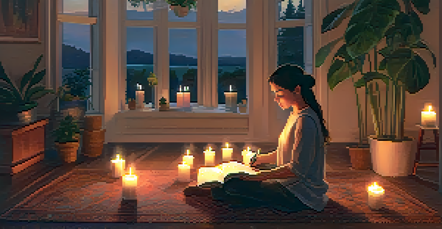 A cozy indoor space with a person sitting on a rug surrounded by candles and plants, creating a warm and inviting atmosphere for reflection.