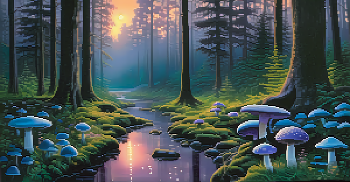 A peaceful twilight forest with glowing mushrooms and a reflective stream.