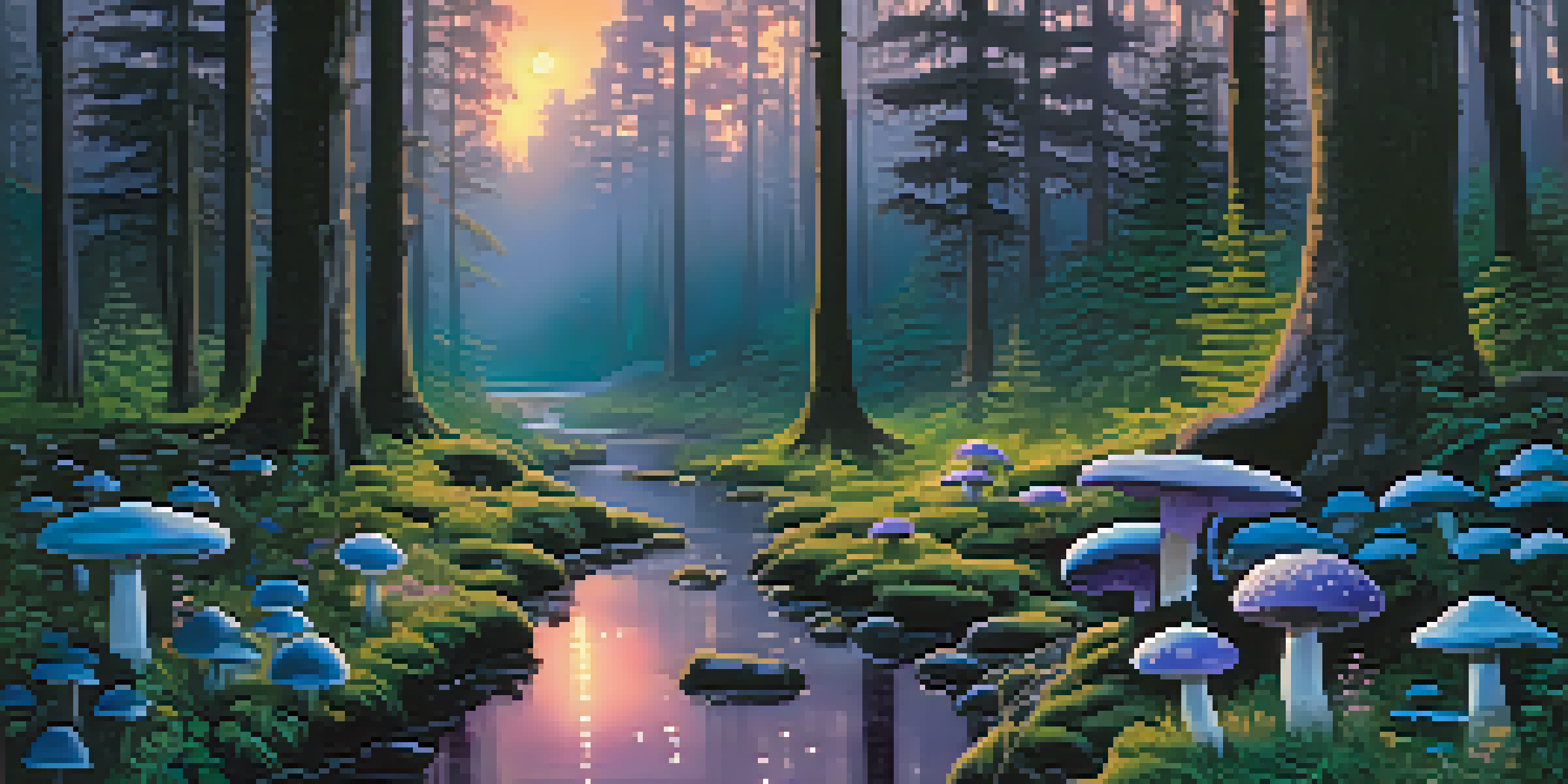 A peaceful twilight forest with glowing mushrooms and a reflective stream.