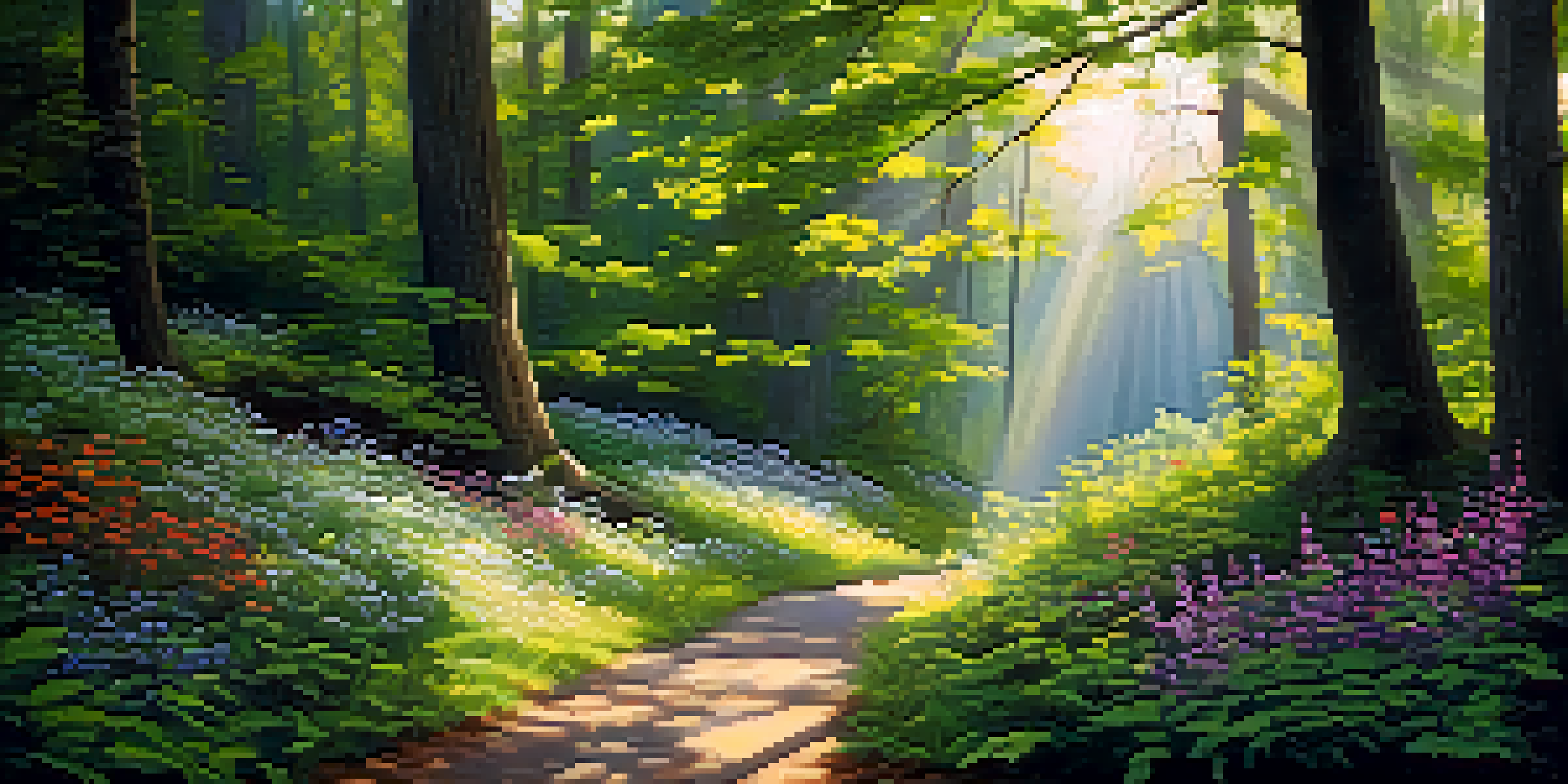 A peaceful forest clearing with soft sunlight filtering through leaves and colorful wildflowers lining a winding path.