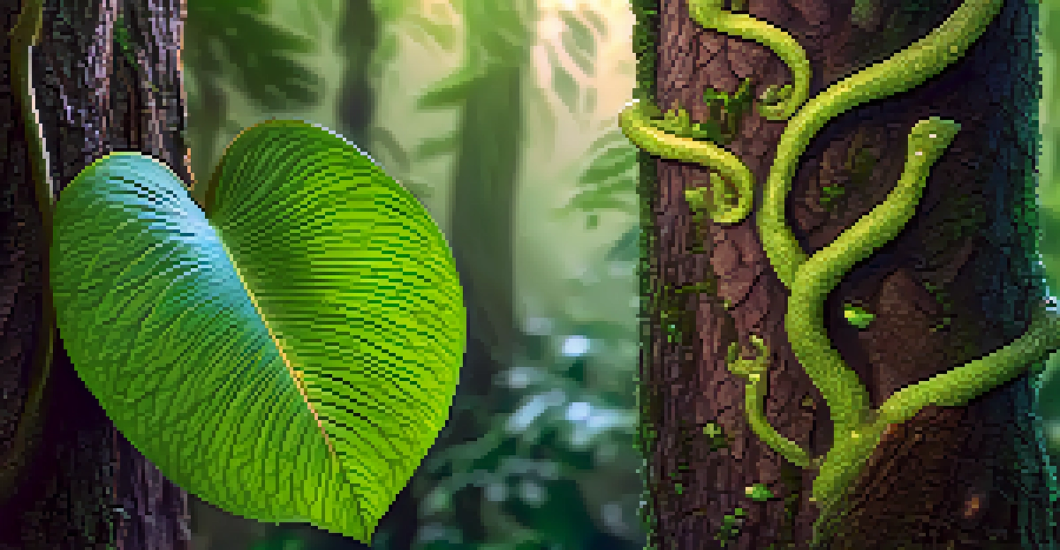 Close-up of the Banisteriopsis caapi vine and Psychotria viridis leaf, showcasing their textures and colors against a blurred forest backdrop.