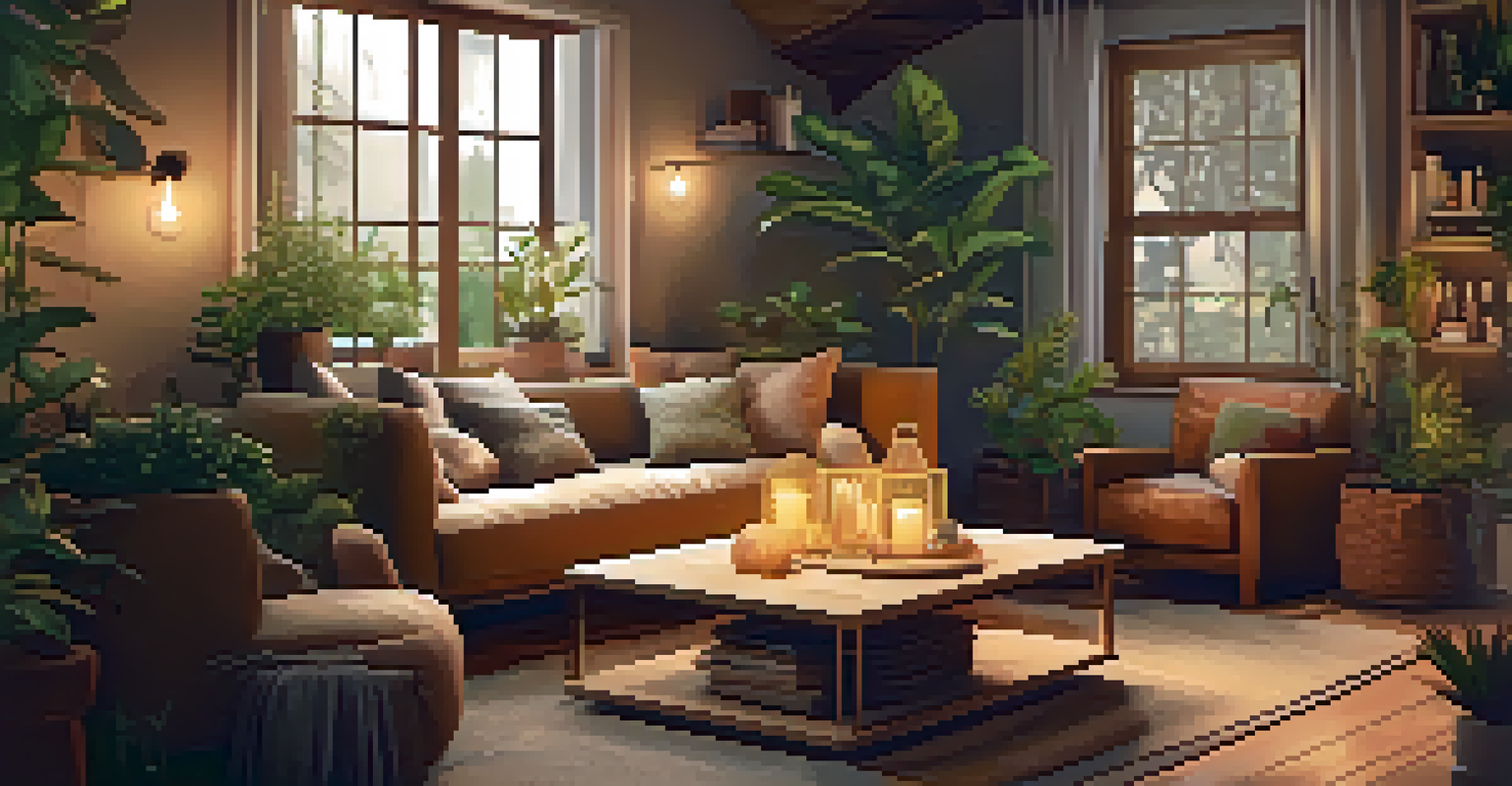 A cozy indoor space with a person journaling among plants and candles.