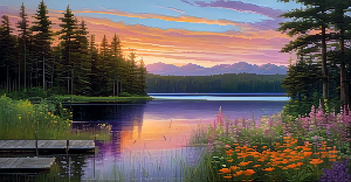 A picturesque sunset over a calm lake with colorful skies, surrounded by trees and wildflowers.