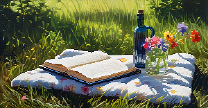 A peaceful outdoor space with a blanket on grass, surrounded by trees and flowers, with an open journal and pen.