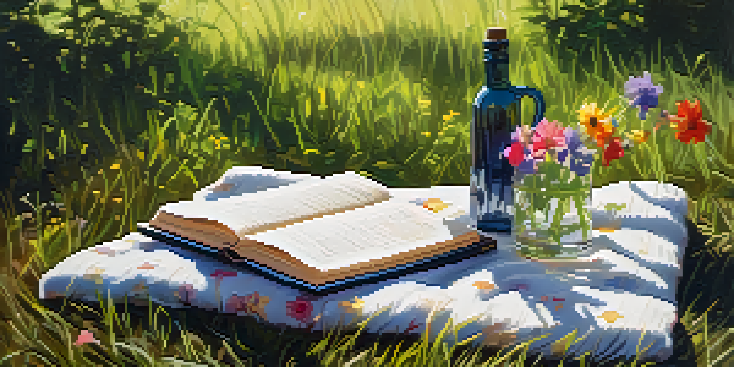 A peaceful outdoor space with a blanket on grass, surrounded by trees and flowers, with an open journal and pen.