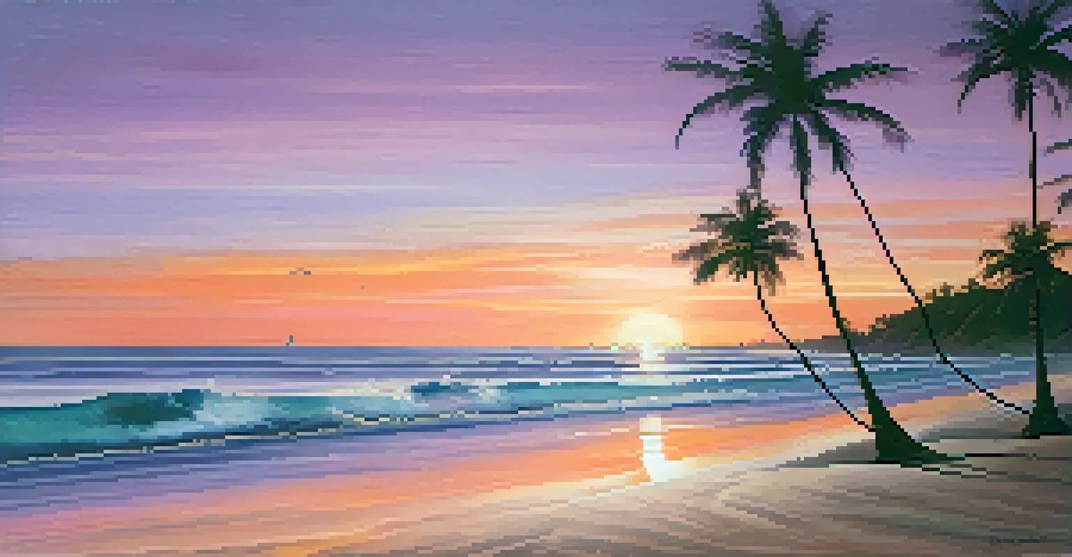 A peaceful beach at sunset with colorful sky and palm tree silhouettes.