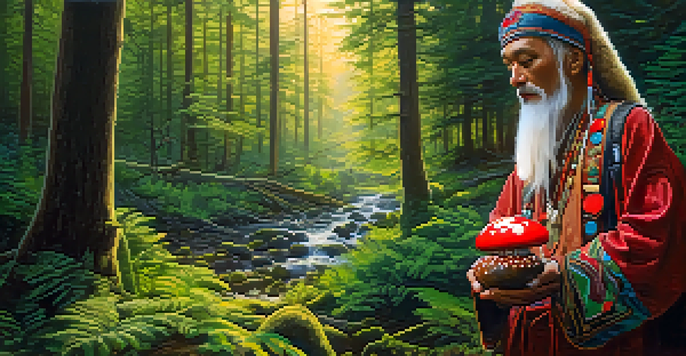 A shaman in traditional Siberian attire stands in a lush forest, holding a fly agaric mushroom, with sunlight filtering through the trees.