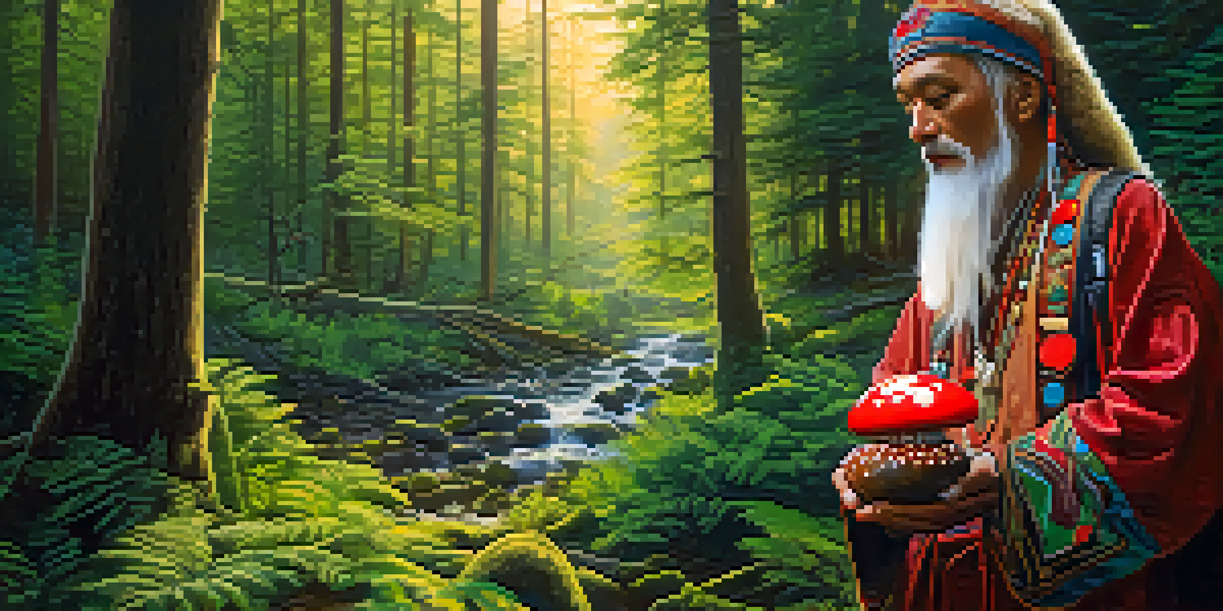A shaman in traditional Siberian attire stands in a lush forest, holding a fly agaric mushroom, with sunlight filtering through the trees.