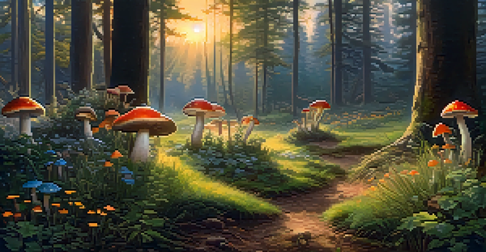 A peaceful forest with colorful mushrooms in a sunlit clearing, surrounded by green grass and wildflowers.