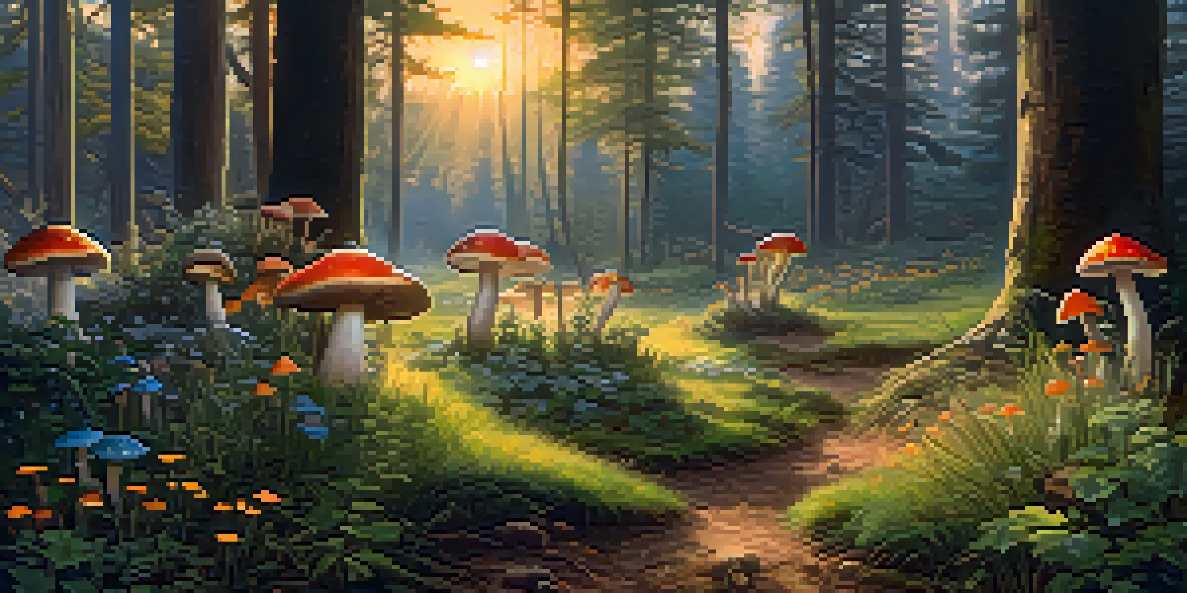 A peaceful forest with colorful mushrooms in a sunlit clearing, surrounded by green grass and wildflowers.