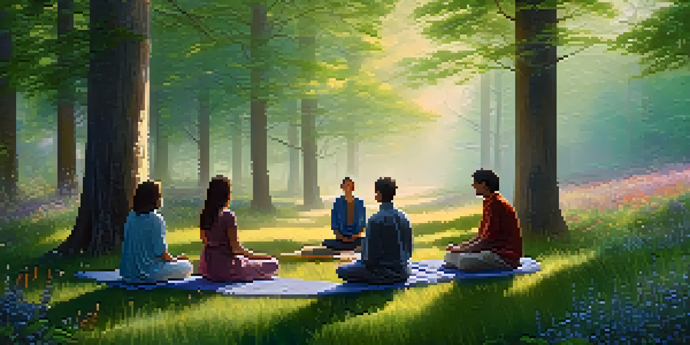 A peaceful forest scene with sunlight streaming through trees, depicting a diverse group of people meditating in a circle surrounded by flowers and mist.