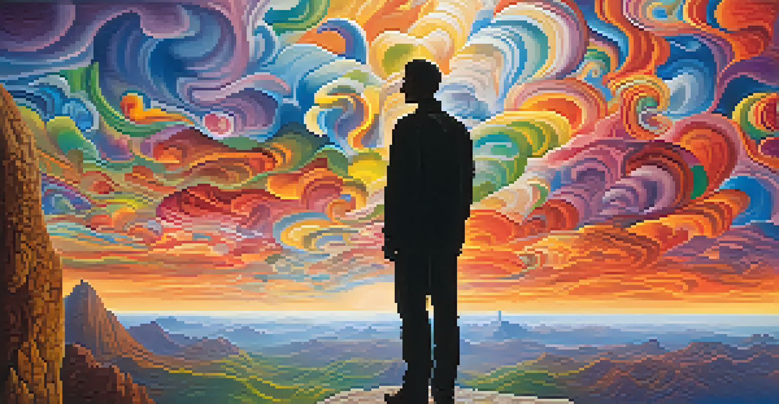An abstract silhouette of a human figure surrounded by swirling colors, standing on a cliff overlooking a surreal landscape with floating islands.