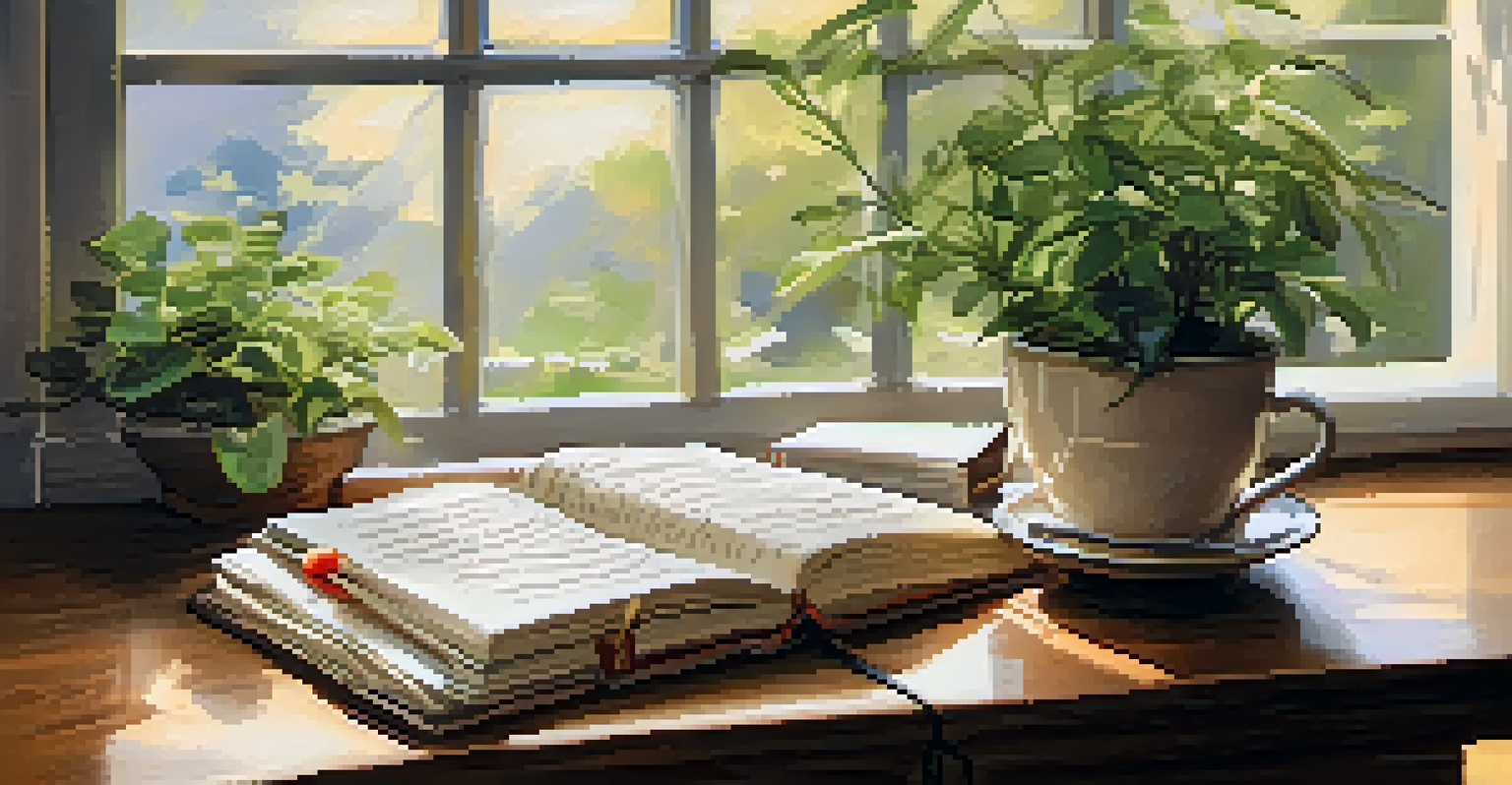 A close-up of an open journal with handwritten notes and a cup of herbal tea on a wooden table.