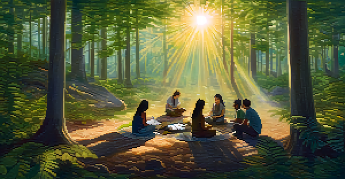 A peaceful forest at dawn with sunlight shining through trees, where a diverse group of individuals sits in a circle, engaged in conversation.