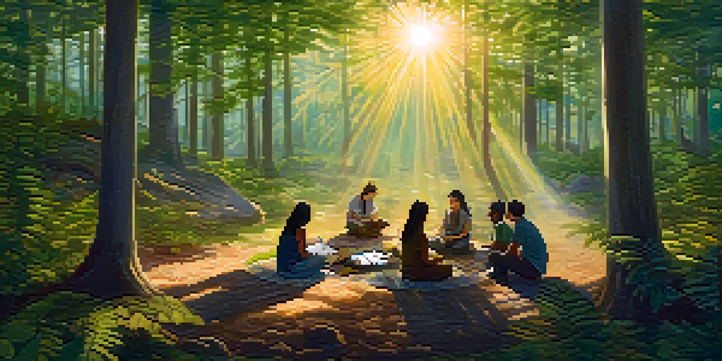 A peaceful forest at dawn with sunlight shining through trees, where a diverse group of individuals sits in a circle, engaged in conversation.