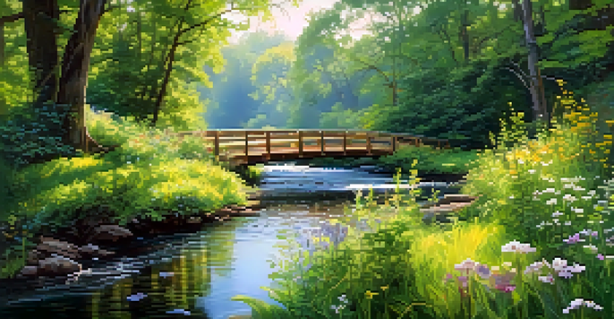 A peaceful forest with a clear stream, sunlight through leaves, wildflowers, and a wooden bridge.