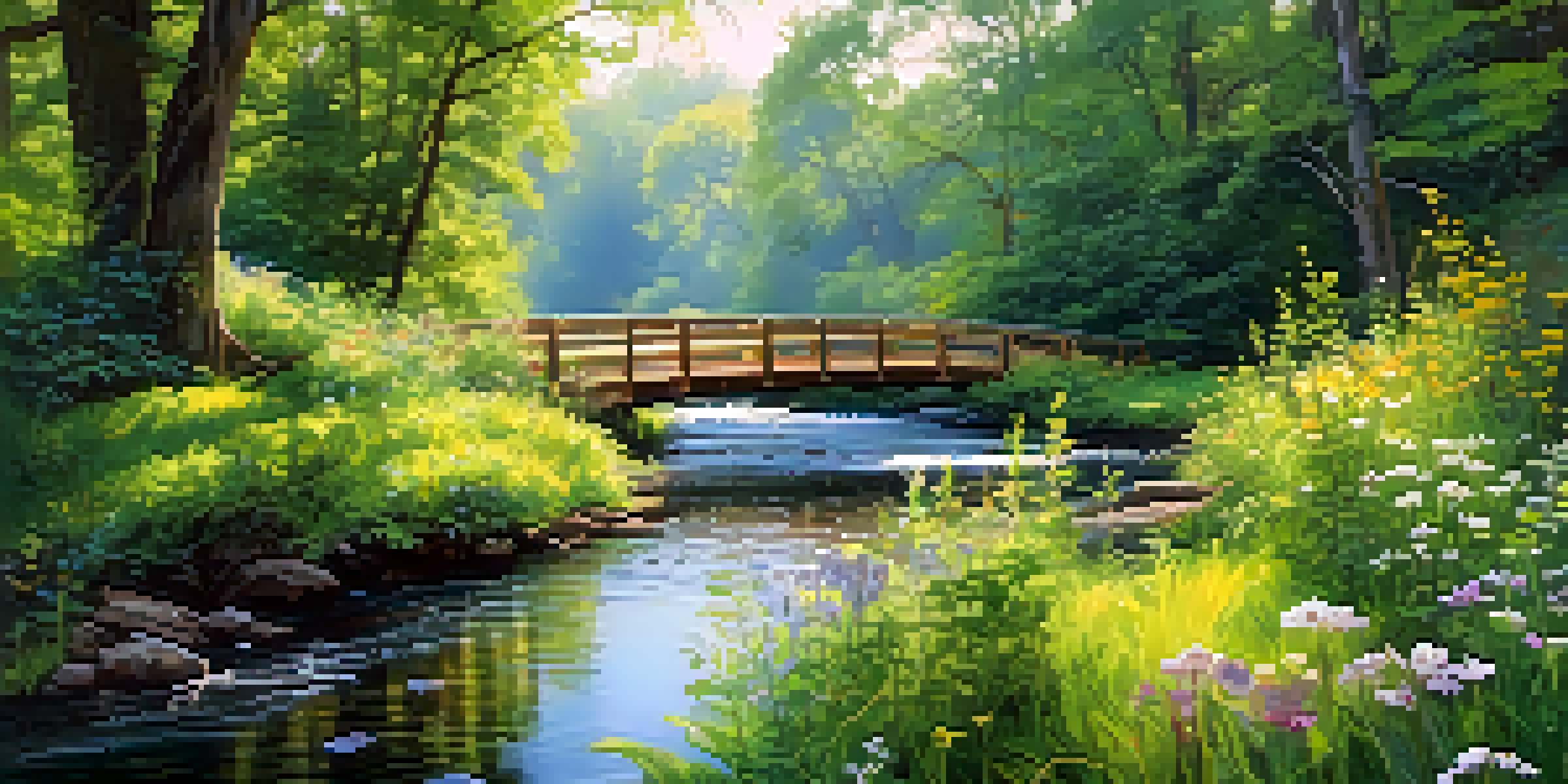 A peaceful forest with a clear stream, sunlight through leaves, wildflowers, and a wooden bridge.