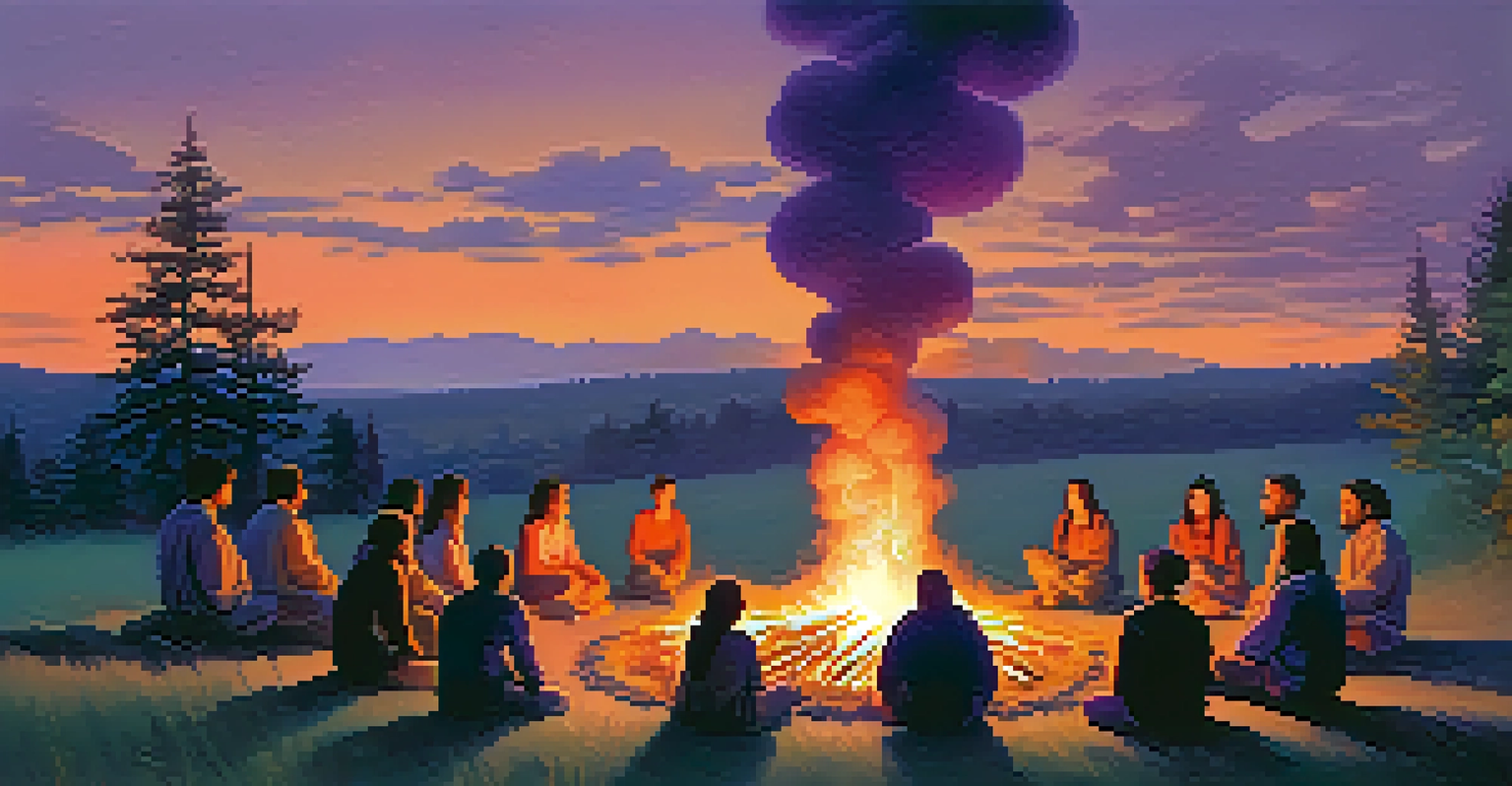 A communal gathering around a glowing fire at dusk, with participants engaged in conversation and art supplies around.