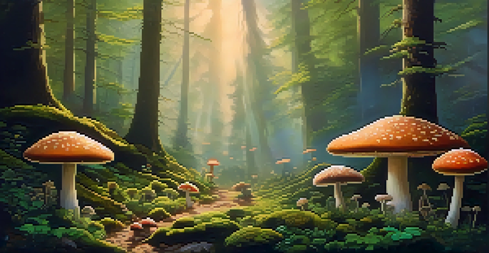 A peaceful forest scene featuring colorful mushrooms growing on moss, illuminated by sunlight filtering through the trees.