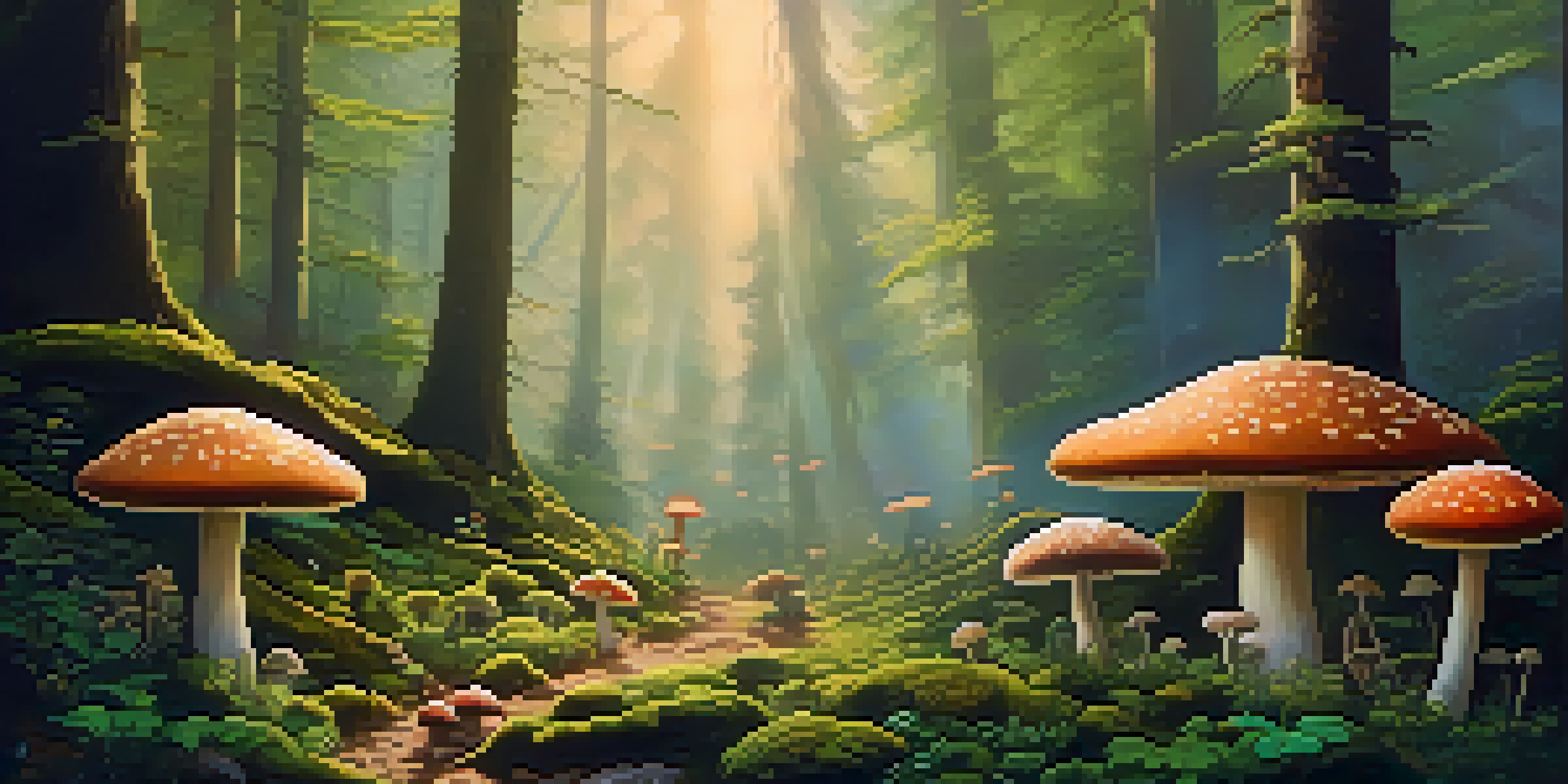A peaceful forest scene featuring colorful mushrooms growing on moss, illuminated by sunlight filtering through the trees.