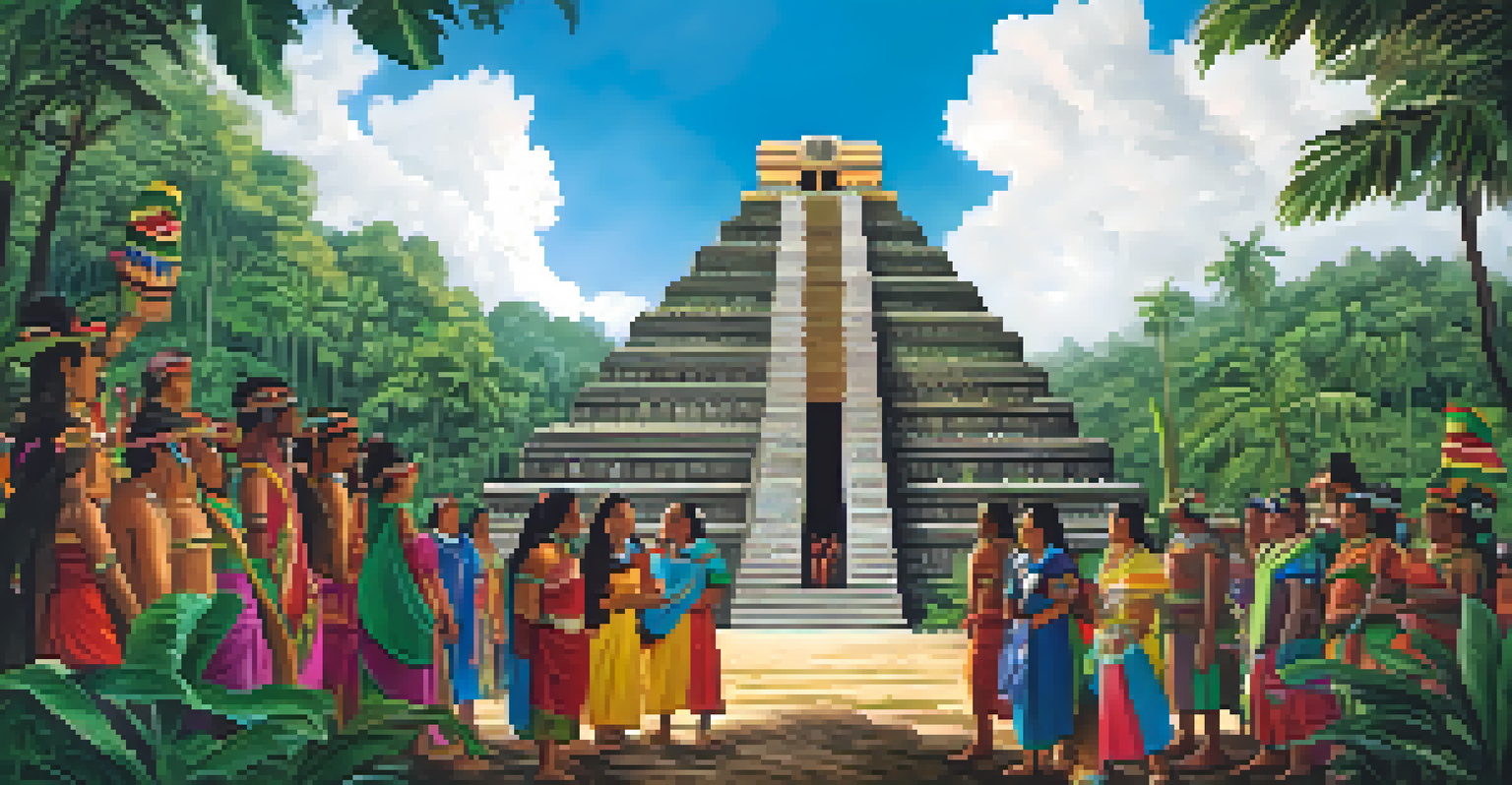 Maya individuals participating in a sacred ceremony in front of a traditional temple, surrounded by lush vegetation and vibrant colors under a clear blue sky.
