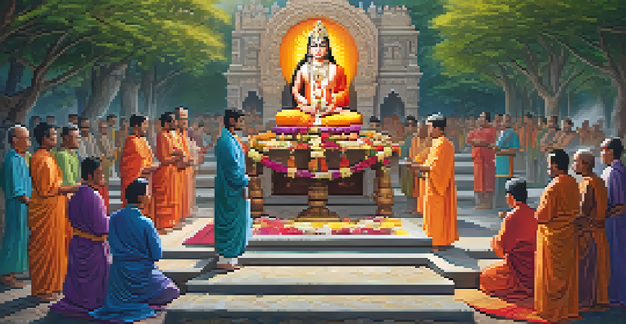 A group of priests in traditional attire performing a Vedic ritual around a stone altar, with flowers and offerings under dappled sunlight.