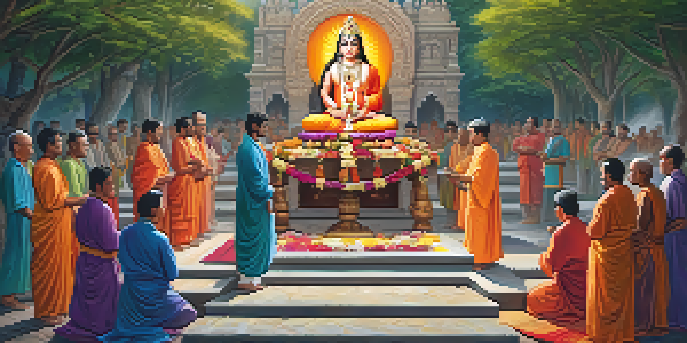 A group of priests in traditional attire performing a Vedic ritual around a stone altar, with flowers and offerings under dappled sunlight.
