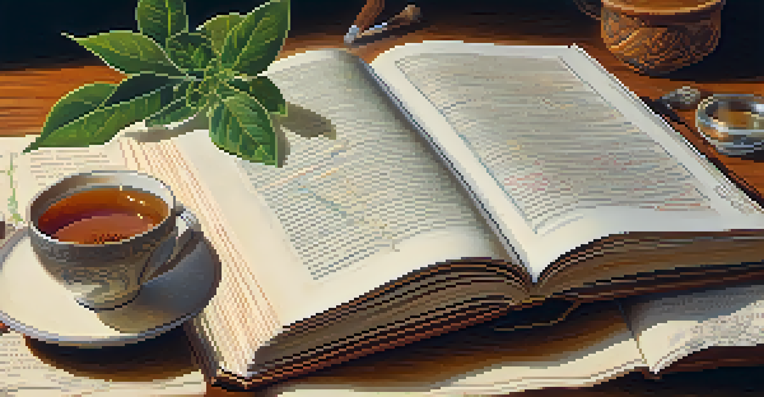 An open book on a wooden table with research notes on entheogens, illuminated by warm light, alongside a steaming cup of herbal tea.