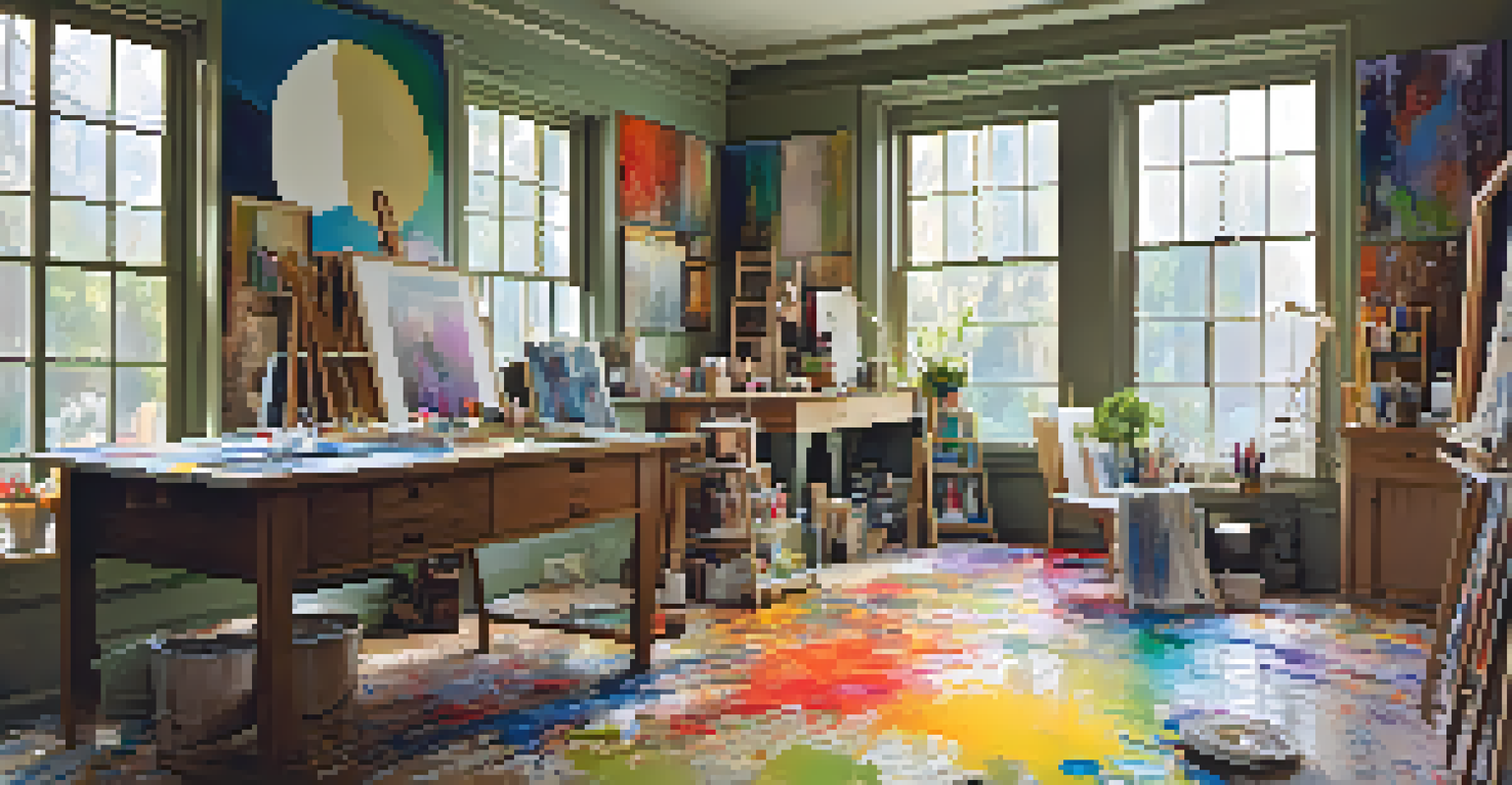 An artist's studio filled with colorful canvases, paint splatters, and brushes in warm natural light.
