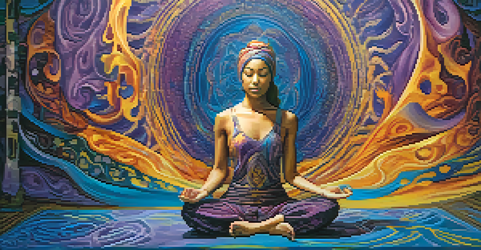A meditative person surrounded by vibrant colors and abstract patterns representing altered consciousness.