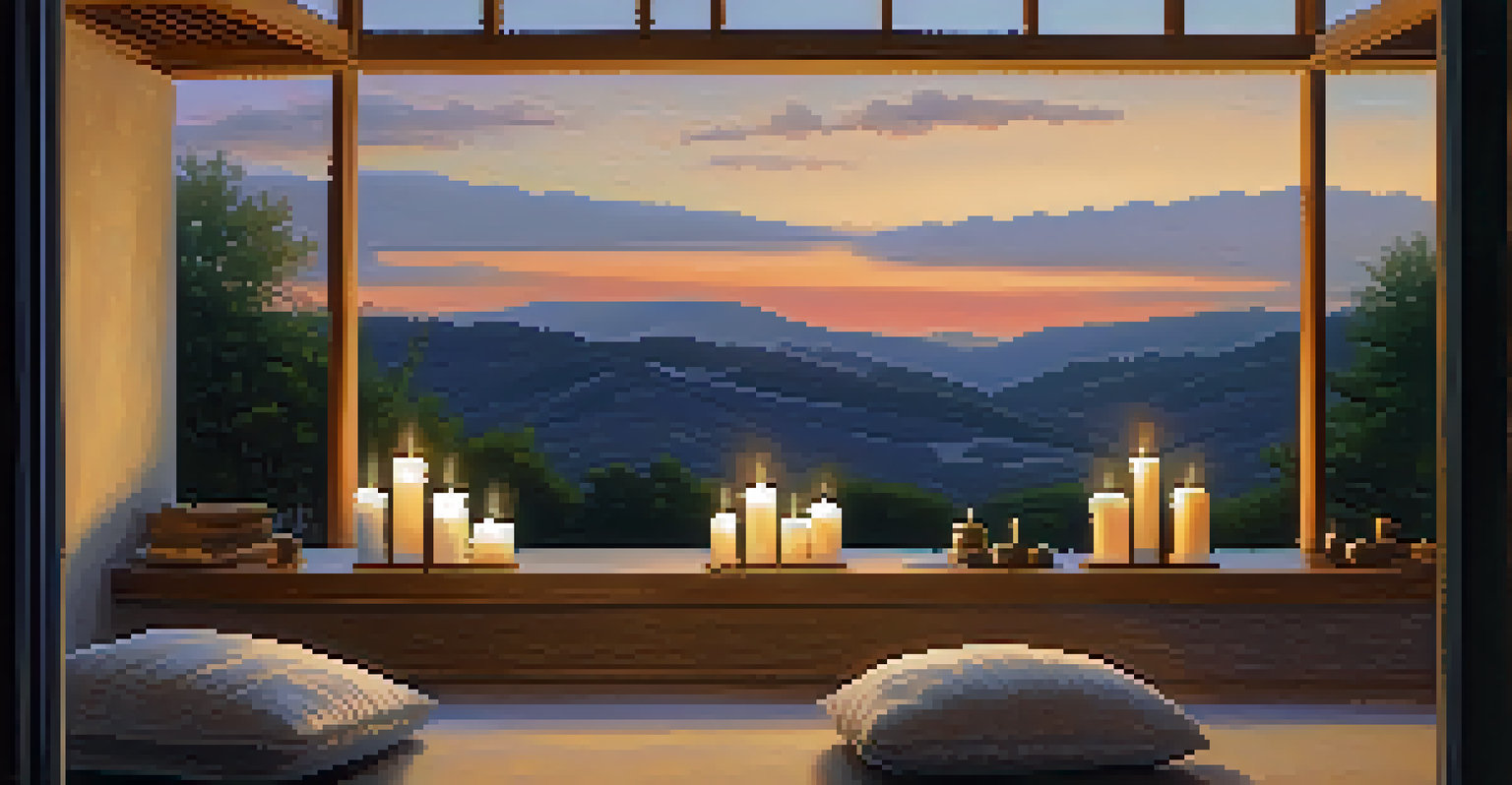 A serene meditation space outdoors with a cushion, candles, and a backdrop of gentle hills under a clear blue sky.