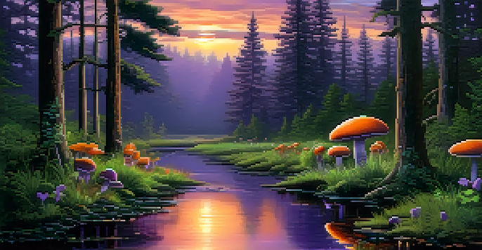 A peaceful forest at dusk with a stream, tall trees, and glowing mushrooms.
