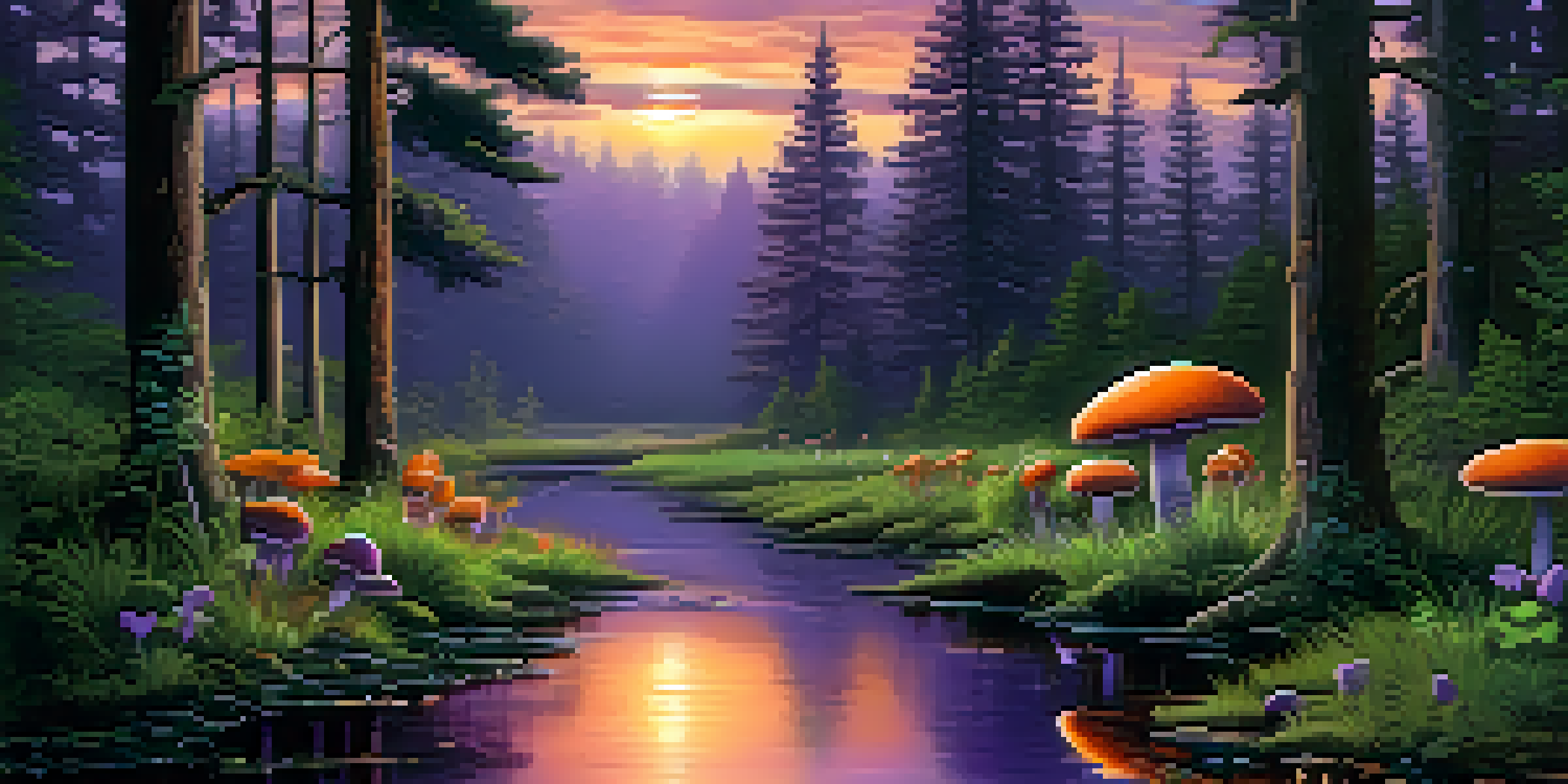 A peaceful forest at dusk with a stream, tall trees, and glowing mushrooms.