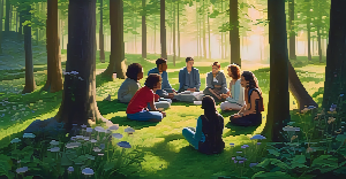 A diverse group of individuals sitting in a circle in a forest, surrounded by sunlight filtering through trees and lush greenery.