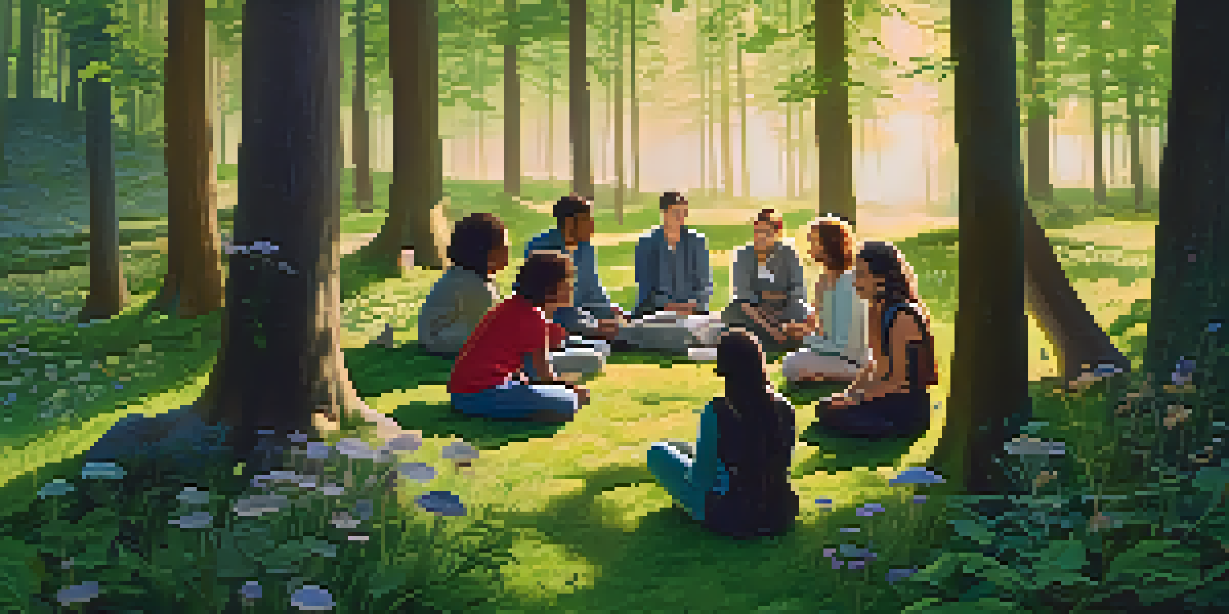 A diverse group of individuals sitting in a circle in a forest, surrounded by sunlight filtering through trees and lush greenery.