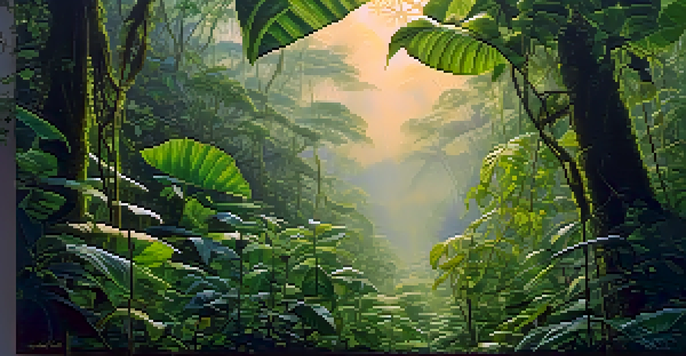 A tranquil Amazon rainforest at dawn with vibrant green vines and leaves, illuminated by soft golden sunlight and surrounded by mist.