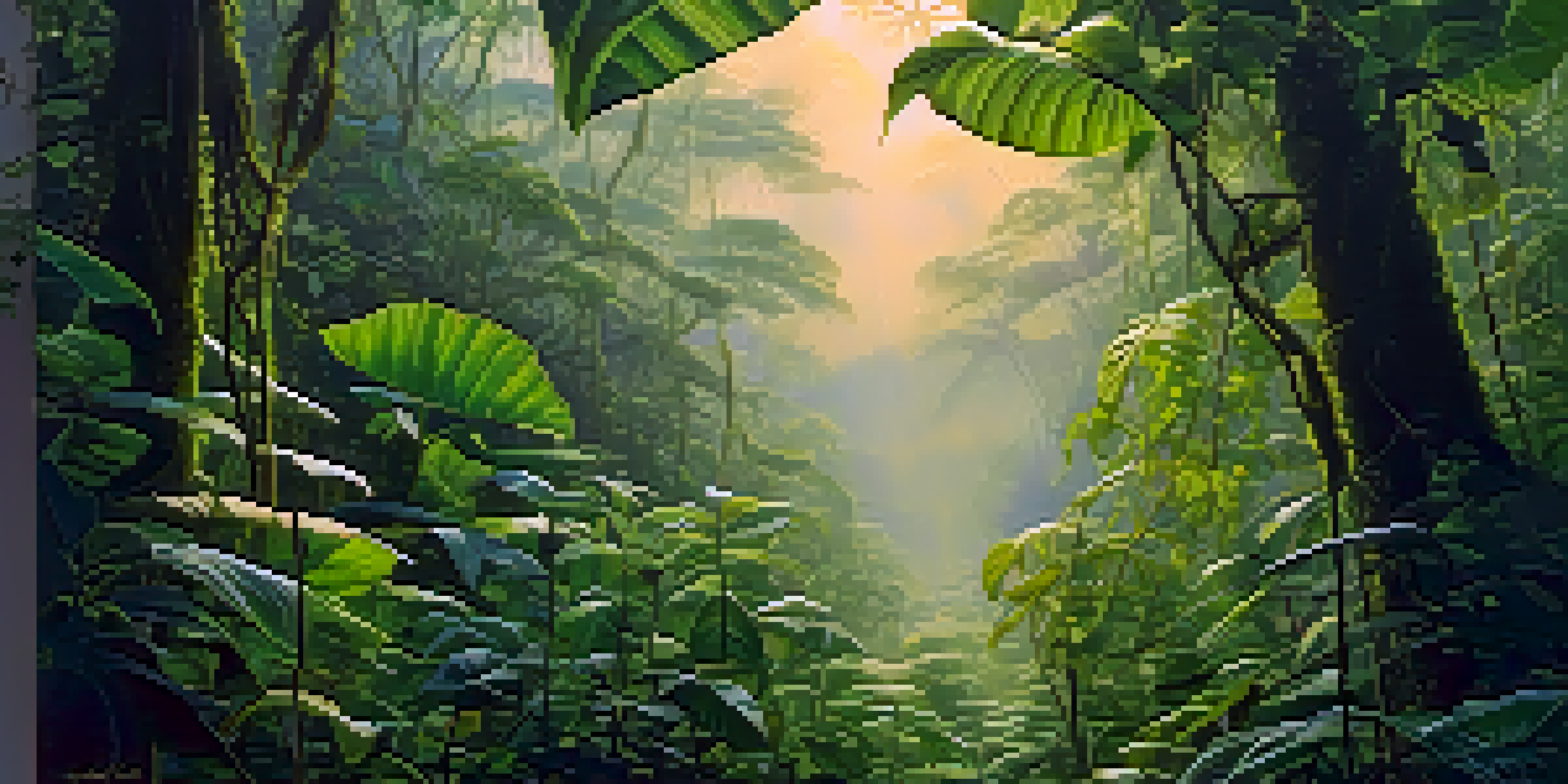 A tranquil Amazon rainforest at dawn with vibrant green vines and leaves, illuminated by soft golden sunlight and surrounded by mist.
