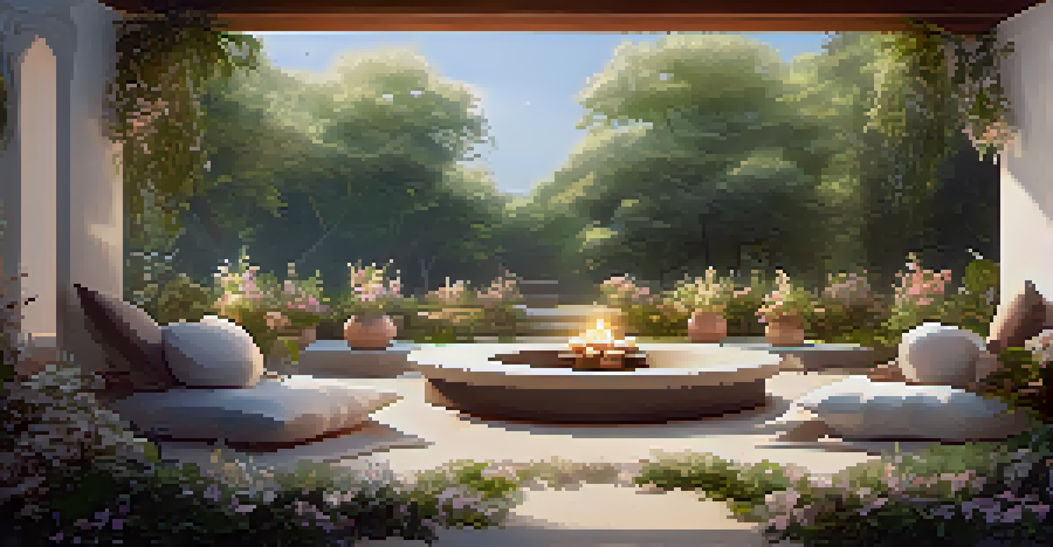 A peaceful meditation space in nature with cushions surrounded by flowers and an inviting altar for reflection.