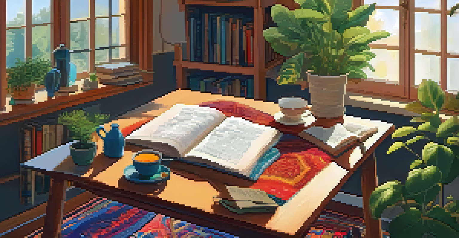 A cozy room with warm light where a person sits cross-legged on a rug, journaling with plants and books around them, and a table with tea.
