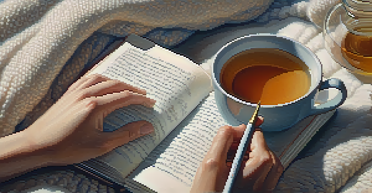 Close-up of hands journaling with a cup of tea beside it, set in a softly lit and cozy environment.