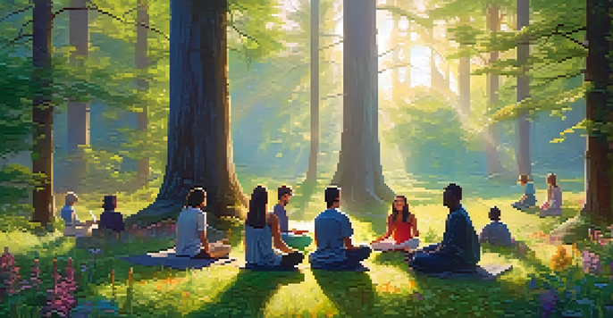 A group of diverse individuals meditating in a serene forest setting at dawn, with soft golden light filtering through the trees.