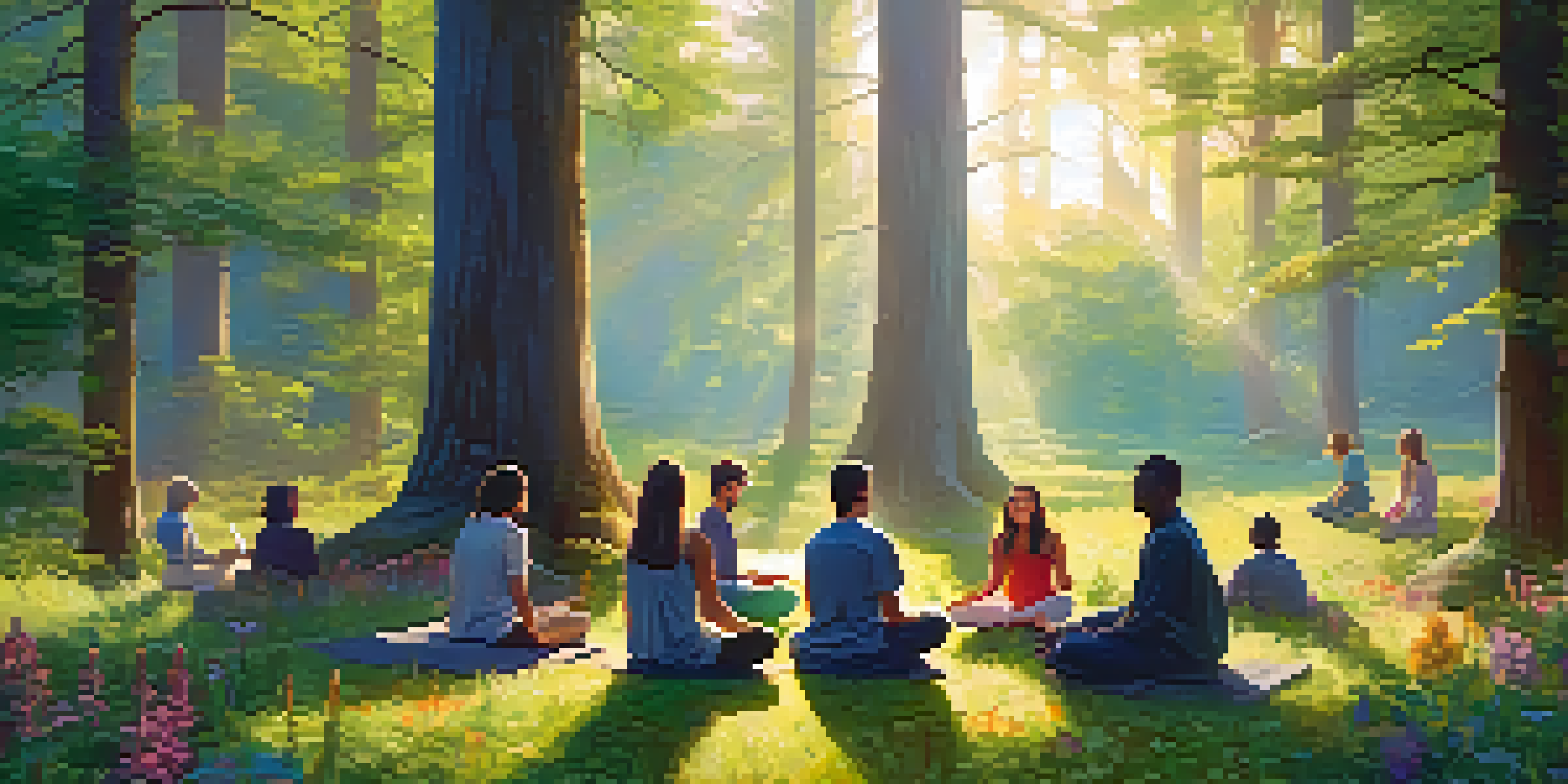 A group of diverse individuals meditating in a serene forest setting at dawn, with soft golden light filtering through the trees.